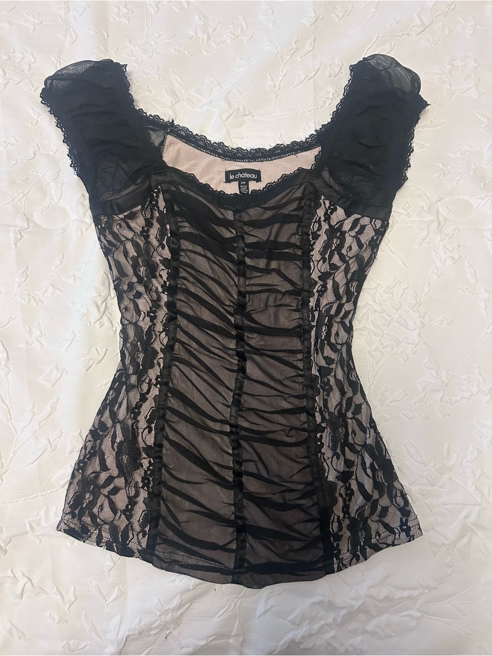 Vintage Le Château Black Lace Ruched Corset Top